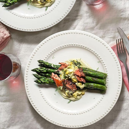 Dinner Plates Set of 4, 10.5 inch White Ceramic Plates, Embossed Salad Plates, Serving Plates for Steak Appetizer, Reusable Kitchen Dining Plates for Restaurant, Dishwasher Microwave Safe