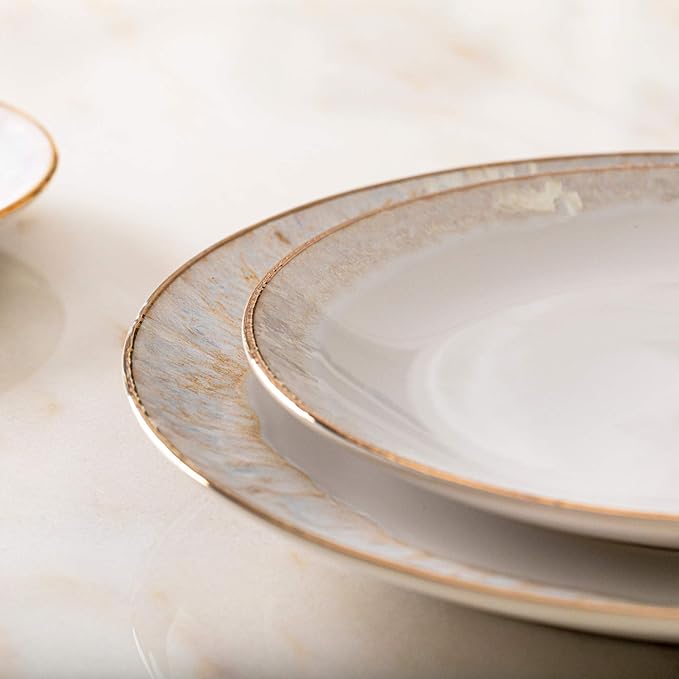 Casafina Ceramic Stoneware 5-Piece Place Setting Service for 1 - Taormina Collection, White & Gold | Hand-Painted 18-Karat Gold Rim Dinnerware | Food Safe Glazing | Restaurant Quality Tableware