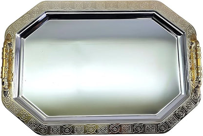 (Pack of 2) 20.8 inch x 14.4 inch Octagonal Chrome Plated Silver Serving Tray with Handles Mirror Iron Gold Edge Floor Pattern Engraved Party Buffet Wine Platter Plate TTL-016