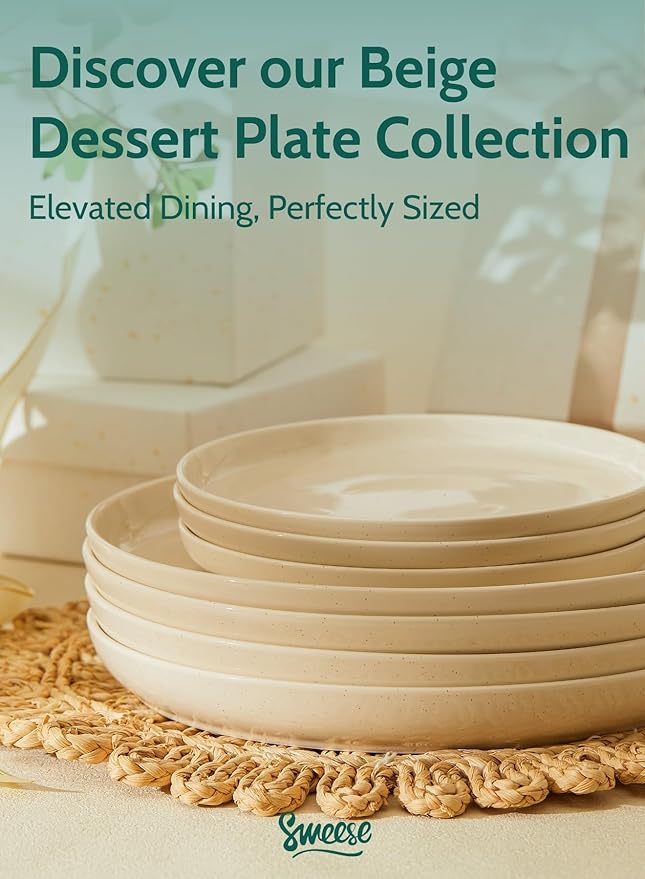 Sweese Porcelain Dessert Plates 7.4 Inch - Set of 6 Beige Salad Plates, Microwave Dishwasher Safe, Elegant for Appetizers