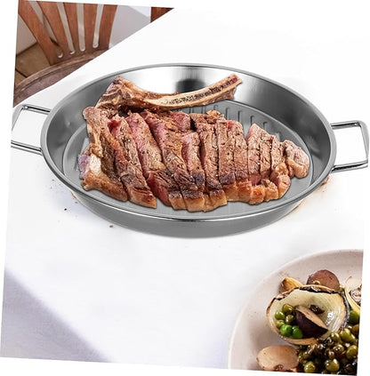 Mobestech Silver Stainless Steel Round Serving Tray Versatile Bbq Platter for Seafood Steak Snacks Easy to Clean Stackable Design for Home Outdoor Use