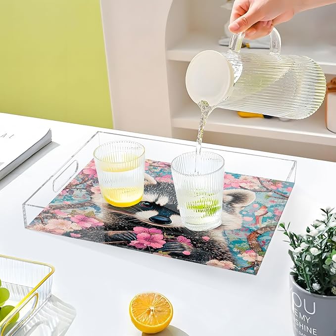 Serving Tray with Handles Clear Acrylic Tray 12x16 Inch Decorative Rectangular Tray Organizer for Ottoman Coffee Table Bathroom Raccoon Sakura Patterned Pink