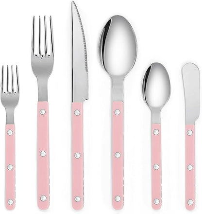 6-Piece Stainless Steel Flatware Silverware Cutlery Set - Color Handle with Rivet/Retro Style - Includes Dinner Knife; Dinner Fork; Salad Fork; Soup Spoon; Teaspoon; Spreader (PINK)