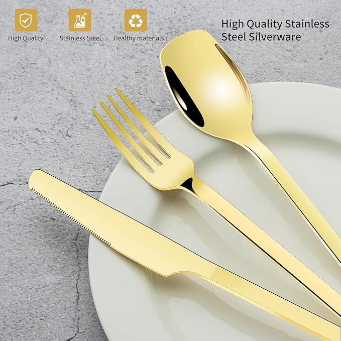 Gold Silverware Set for 8, 40-Piece Stainless Steel Flatware Cutlery Set With Titanium Gold Plated, Kitchen Eating Utensils Set Include Knife Fork Spoon Set, Dishwasher Safe