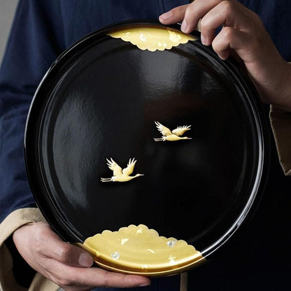 Wooden Tray Front Heavy Lacquer Resin Round Tray Japanese Handmade Crane Lacquer Tray Dry Tea Tray Tea Restaurant Dining Tray Serving Tray with Handles(B)