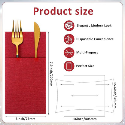 Cindeer 150 Pcs Red Linen Dinner Feel Napkins with Built in Flatware Pocket Prefolded Paper Disposable Airlaid Guest Hand Towel for Silverware Wedding Reception Christmas Baby Shower