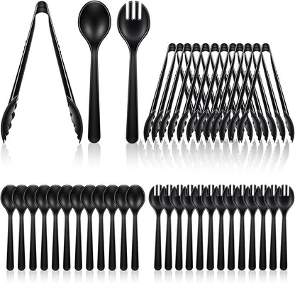 36 PCS Disposable Serving Utensils Set - 12 Heavy Duty Plastic Spoons Forks Tongs for Buffet Catering Party Supplies, Black Serving Utensils for Restaurant Wedding Banquet Dinner Salad Soup
