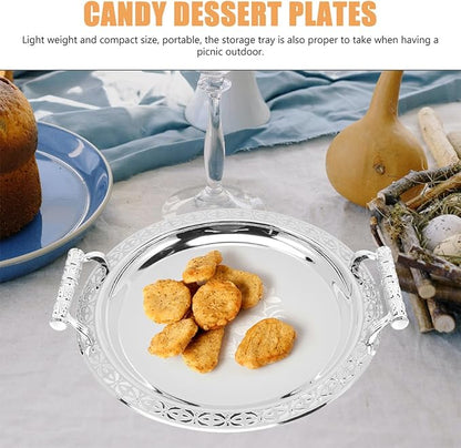 OUNONA Antique Silver Serving Tray Round Pattern Hotel Style Fruit Serving Plate Candy Container