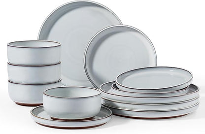 Vesteel 12-Piece Dinnerware Set, Ceramic Plates and Bowls Set for 4, Reactive Glaze Tableware Set with Purple Clay Base for Home, Chip & Scratch Resistant Stoneware, Moonlight White