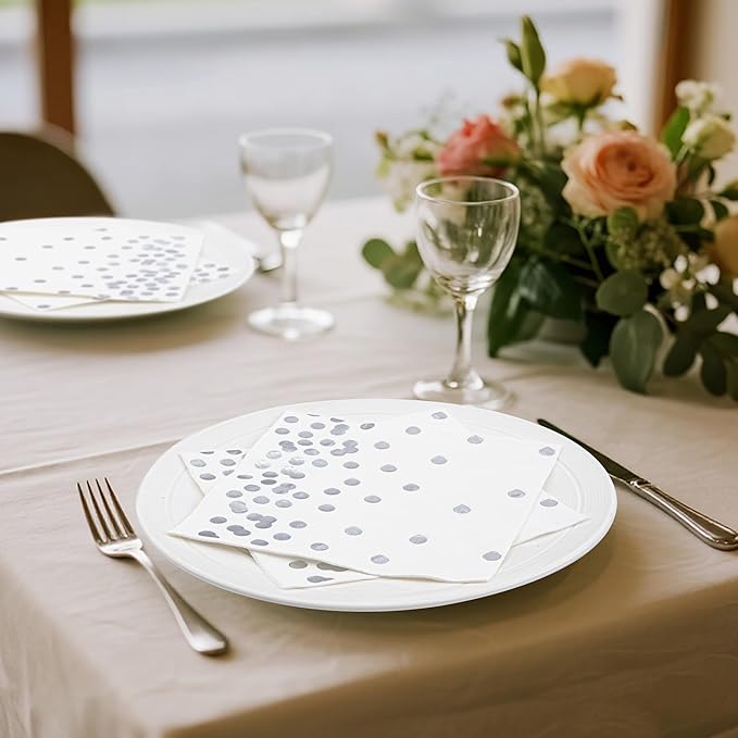 80 Pack of White Paper Cocktail Napkins with Gold Foil Polka Dot Confetti，Polka Dot Party Supplies(5 x 5 in，3-ply) (Silver)