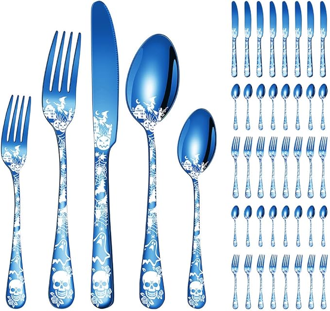 XIAOYU 40-Piece Halloween Themed Skeleton Silverware Set, Metal Flatware Set Serving for 8, Gothic Unique Skeleton Pattern Design, Durable Cutlery Set for Halloween Easter Christmas, Blue
