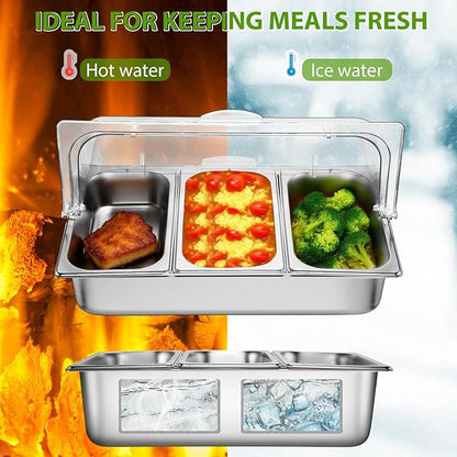 3 Pan Countertop Food Serving Display Container Stainless Steel Pizza Topping Station Display Rack Condiment Dispenser with Clear Roll Top Cover for Buffet Restaurant Hotel Kitchen Party