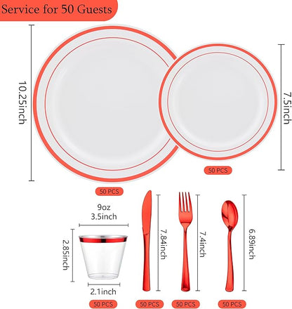 300PCS Red Dinnerware Set for 50 Guests, White and Red Plastic Disposable Plates for Party-50 Dinner Platos,50 Dessert Plates, 150 Silverware Set- Fancy Heavy Duty Party Plate