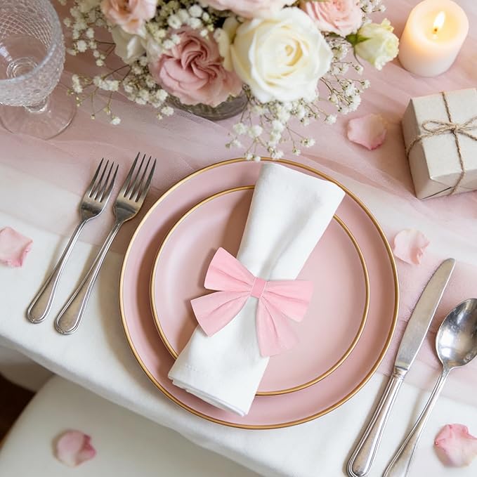 12 Pcs Pink Bow Napkin Rings,Wedding Napkin Rings,Velvet Napkin Ring Holders for Holiday Serviette,Birthday Anniversary Party Dinner Valentines Day Wedding Dining