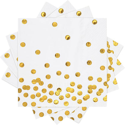 80 Pack of White Paper Cocktail Napkins with Gold Foil Polka Dot Confetti，Polka Dot Party Supplies(5 x 5 in，3-ply) (gold)