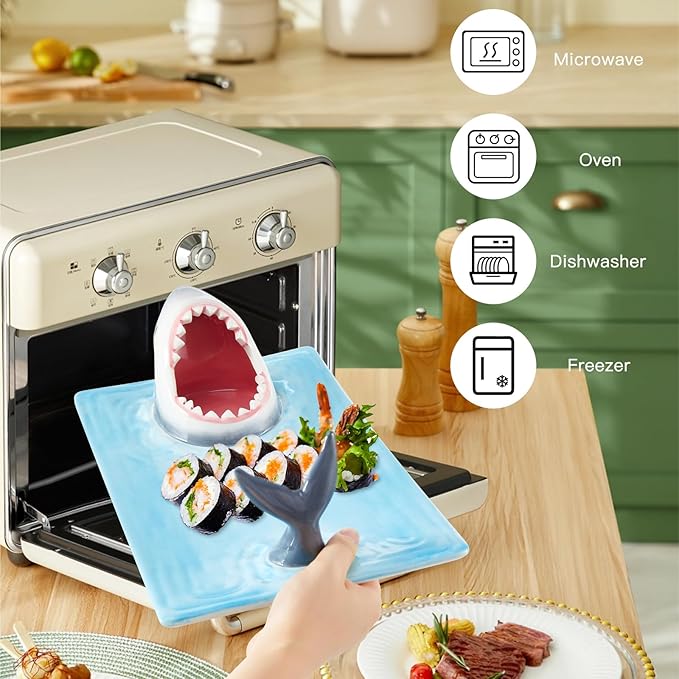 Shark Plates, Upgraded 3-in-1 Shark Sushi Plate, Shark Sushi Plate, Shark Plate with Sauce Compartment, Food Safe Material, Microwave/Oven/Refrigerator/Dishwasher Safe (rectangular)
