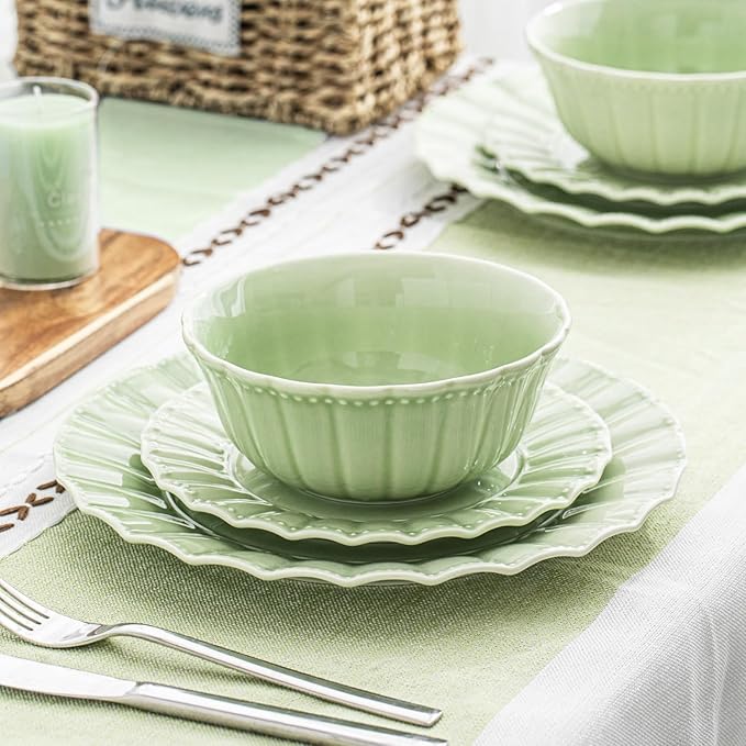 HOMBENE 12 Piece plates and bowls sets for 4, Dinnerware set, Porcelain Dish Set, House gift, Microwave and Dishwasher Safe, Mint Glow Green