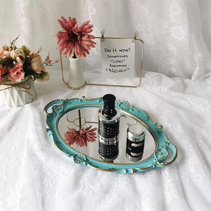 Ham Oval Vintage Wall Mirror Tray, Dresser Organizer Tray, Decorative Perfume Mirror Tray, Serving Tray, 9.8’’ X 14.6’’, Blue