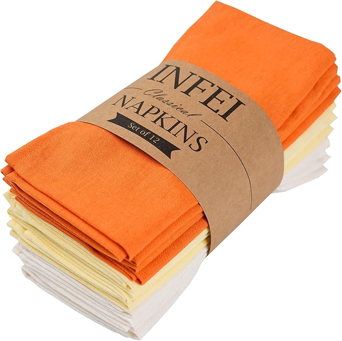 Solid Color Linen Blended Thin Dinner Cloth Napkins - Set of 12 (40 x 40 cm) - for Easter Events & Home Use (Multi Yellow)