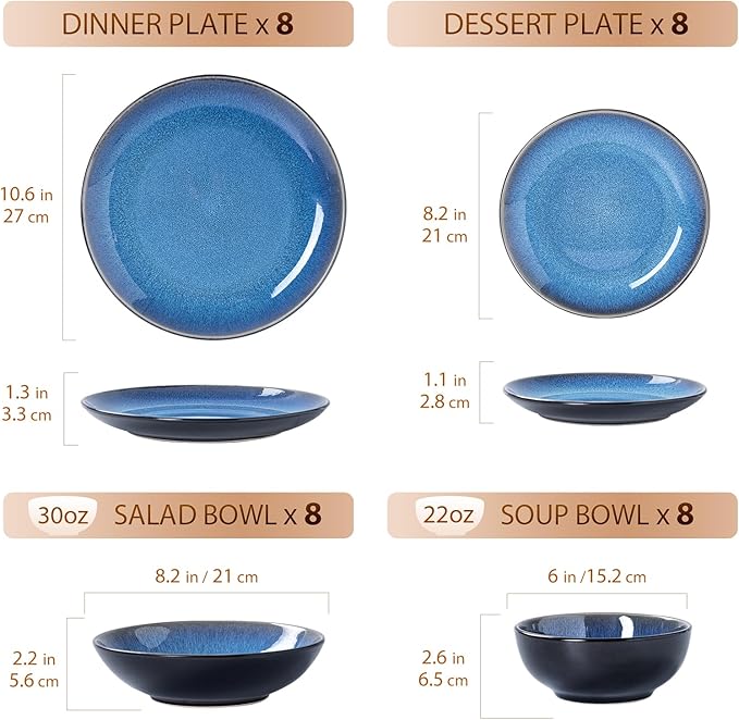 Plates and Bowls Sets for 8 - CJDC-QUELO 32-Piece Stoneware Dinnerware Sets, Ceramic Dishware Set for Indoor Kitchen Use and Formal Dining, Chip and Scratch Resistant Microwave Dishwasher Safe, Blue