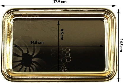 (Pack of 4) 7 inch x 4.7 inch Rectangular Iron Gold Plated Mirror Serving Tray Floral Engraved Decorative Party Birthday Wedding Buffet Wine Decor Platter Plate Base Dish CC-1155