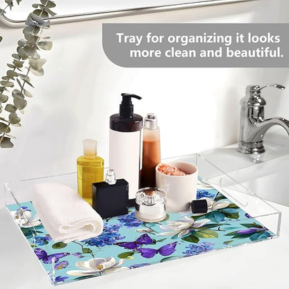 Serving Tray with Handles Clear Acrylic Tray 12x16 Inch Decorative Rectangular Tray Organizer for Ottoman Coffee Table Bathroom Elegant Hydrangeas Magnolias Butterflies