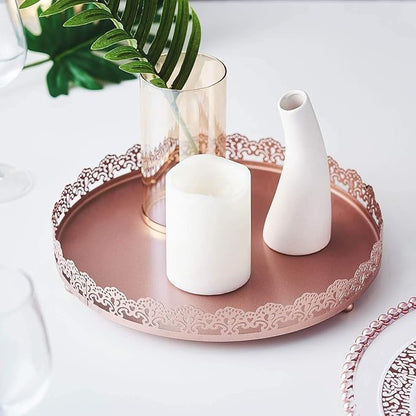 Plastic Round Premium Decorative Serving Tray with Embellished Rims - Rose Gold