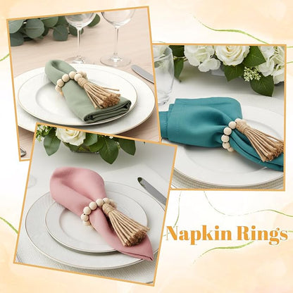 6PCS Napkin Rings, Wooden Bead Napkin Holders for Cloth Napkins, Stretchable Boho Napkins Rings Rustic Twine Rattan Design with Tassel for Farmhouse Thanksgiving Fall Spring Decor