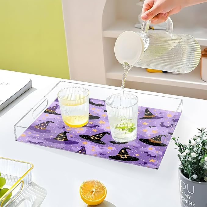 Serving Tray with Handles Clear Acrylic Tray 12x16 Inch Decorative Rectangular Tray Organizer for Ottoman Coffee Table Bathroom Purple Wizard Hats Bats and Stars