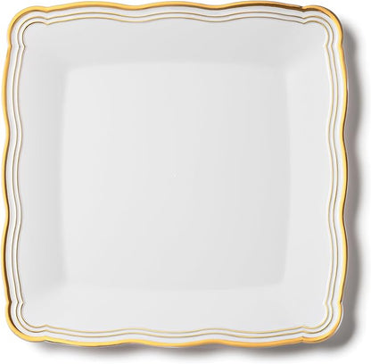 Posh Setting - White Plastic Serving Trays 6 Pack, Heavyweight Plastic Trays for Serving Food Party, Gold Rim Border Disposable Serving Platters and Trays, Platters for Serving Food Party - 12"x12"