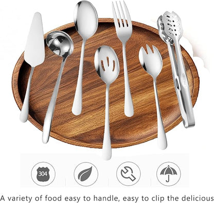 Silver Flatware 7 Piece Stainless Steel Set Includes Serving Spoons, Slotted Serving Spoon, Serving Tongs, Serving Fork, Salad Fork, Soup Ladle, Pie Server