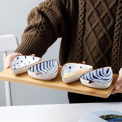 Condiment Tray Japanese Style Leaf Shape Ceramic Sauce Dishes 3.35 Inch Condiments Dish Dipping Plates Soy Sauce Vinegar Appetizer Dishes or Seasoning（with Tray） Dip Sets(D)