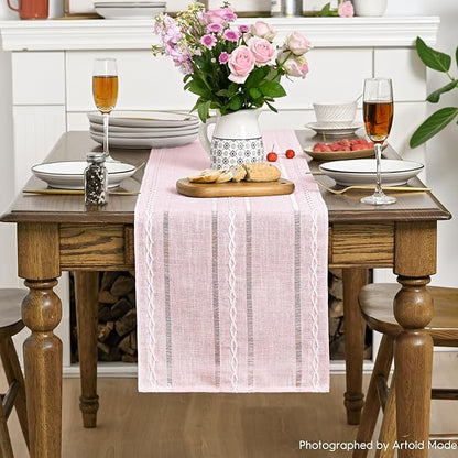 Artoid Mode Pink Rustic Cotton Linen Table Runner, Seasonal Embroidered Hollow Kitchen Dining Table Decoration for Home Party Decor 13x72 Inch