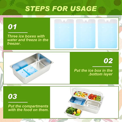 Tessco for you 16 Pcs Ice Food Spice Serving Display Countertop Chilled Condiment Container Set with Lid, Stainless Steel Salad Cold Caddy for Buffet Restaurant Kitchen Party(4 Compartments)