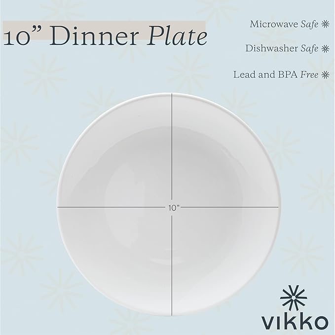 Vikko Dinner Plate, Set of 6 White Plates, Ceramic Dinner Plates Set, Stackable 10 Inch Dinner Plates for Every Day and Special Occasion, Restaurant Style, Dishwasher Safe, Microwave Safe