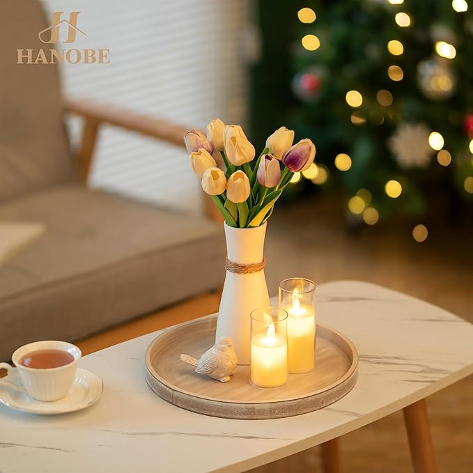 Hanobe Decorative Trays for Coffee Table: Round White Wood Tray for Home Decor - Farmhouse Rustic Circle Ottoman Trays for Living Room Decor - Candle Holder Plate for Counter Display 12"