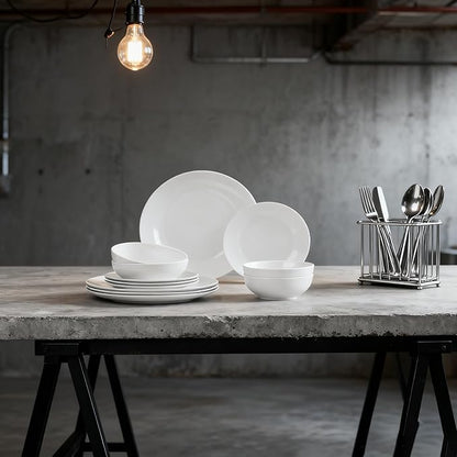 12-Piece Glazed White Stoneware Dinnerware Set - Service for 4, Plates & Bowls, Microwave & Dishwasher Safe