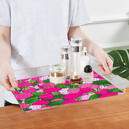 Serving Tray with Handles Clear Acrylic Tray 12x16 Inch Decorative Rectangular Tray Organizer for Ottoman Coffee Table Bathroom Pink Cute Strawberries
