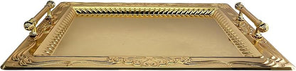 (Pack of 2) 18.1 inch x 13.6 inch Rectangular Iron Gold Plated Serving Tray with Handles Floral Engraved Decorative Party Wedding Buffet Wine Candle Decor Platter Plate Base Dish NC-072