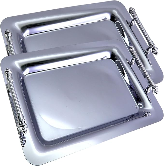 (Pack of 2) 15.7 Inch x 11.2 Inch Oblong Chrome Plated Serving Tray with Handles Simple Plain Line Stripe Engraved Wedding Dessert Snack Decorative Decor Platter Plate Dish Base CC-404