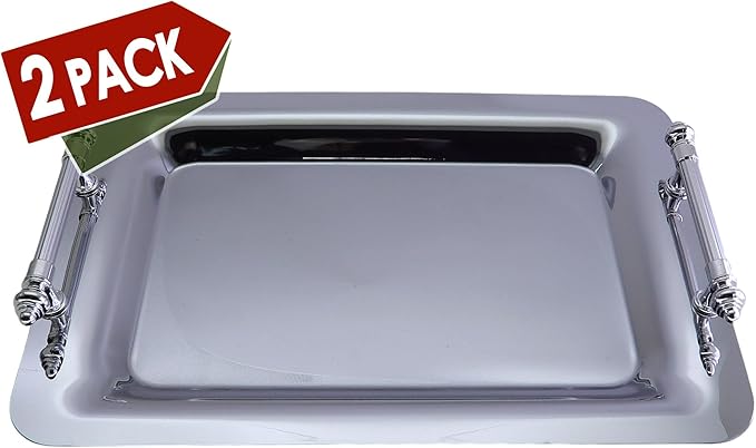 (Pack of 2) 15.7 Inch x 11.2 Inch Oblong Chrome Plated Serving Tray with Handles Simple Plain Line Stripe Engraved Wedding Dessert Snack Decorative Decor Platter Plate Dish Base CC-404