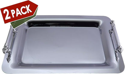 (Pack of 2) 15.7 Inch x 11.2 Inch Oblong Chrome Plated Serving Tray with Handles Simple Plain Line Stripe Engraved Wedding Dessert Snack Decorative Decor Platter Plate Dish Base CC-404