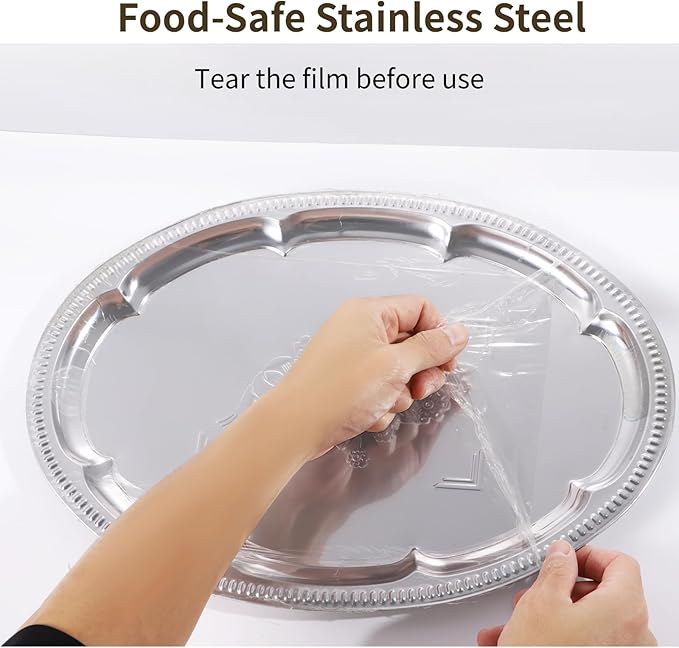 Stainless Steel Large Serving Tray Set, 6 Pcs Silver Oval Floral Tray For Parties, Polished Food Tray 15.7X11.8 In