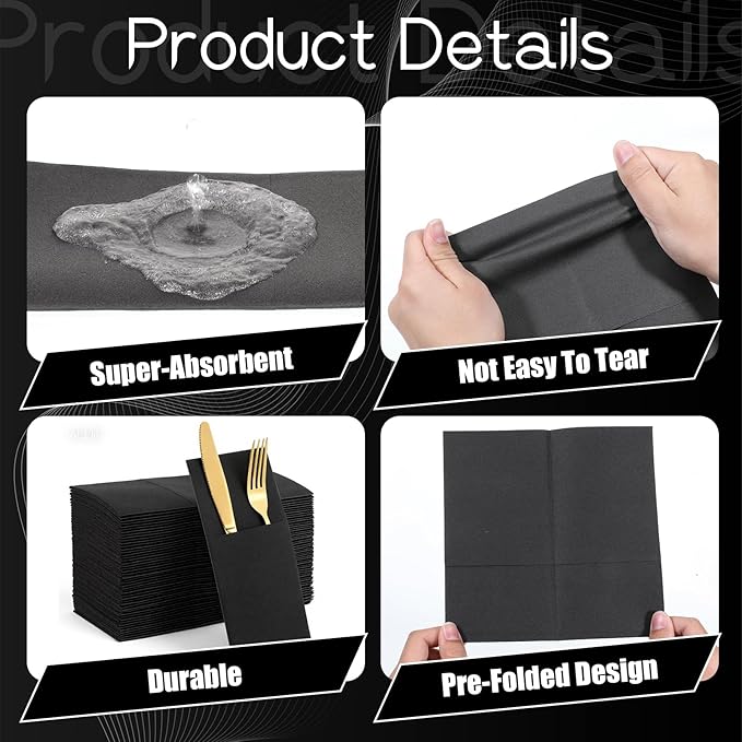 100 Pcs Black Linen-Feel Paper Napkins, Black Napkins Disposable with Built-in Flatware Pocket, Prefolded for Knives and Forks, Blacks Dinner Napkin for Evening Parties, Weddings, Birthday