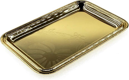 (Pack of 4) 7 inch x 4.7 inch Rectangular Iron Gold Plated Mirror Serving Tray Floral Engraved Decorative Party Birthday Wedding Buffet Wine Decor Platter Plate Base Dish CC-1155
