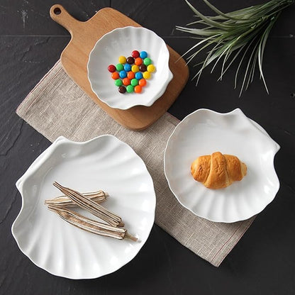 Cabilock 2pcs Ceramic Shell Appetizer Plates, 6 Inch White Scallop Shaped Small Serving Plates for Desserts Salad Snacks Sushi Fruit, Elegant Serving Dish Tableware for Home Use