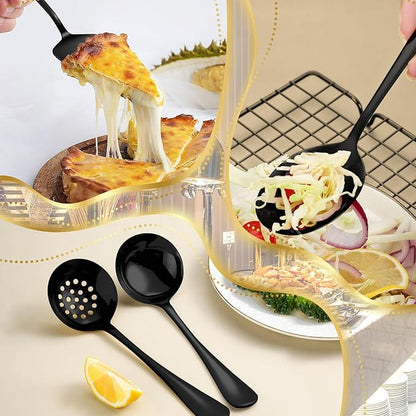 30Pcs Serving Utensils Set Serving Spoons, Buffet Tongs, Cake Spatula, Forks, Perforated Ladles, Soup Scoops, Skimmers and Black Heavy-Duty Serving Tongs (Black)