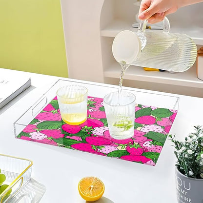 Serving Tray with Handles Clear Acrylic Tray 12x16 Inch Decorative Rectangular Tray Organizer for Ottoman Coffee Table Bathroom Pink Cute Strawberries