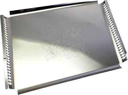 (Pack of 2 18.9 inch x 11.9 inch Rectangular Chrome Plated Silver Serving Tray with Handles Stylish Floral Engraved Party Wedding Dessert Buffet Decor Platter Plate NC-113
