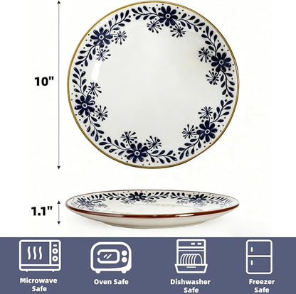 4 Pack Ceramic Dinner Plates, 10" Round Appetizer Plates, Blue Floral Dessert Serving Dishes, Vintage Salad Plate, Scratch Resistant Dinnerware for Kitchen, Microwave Dishwasher Oven Safe